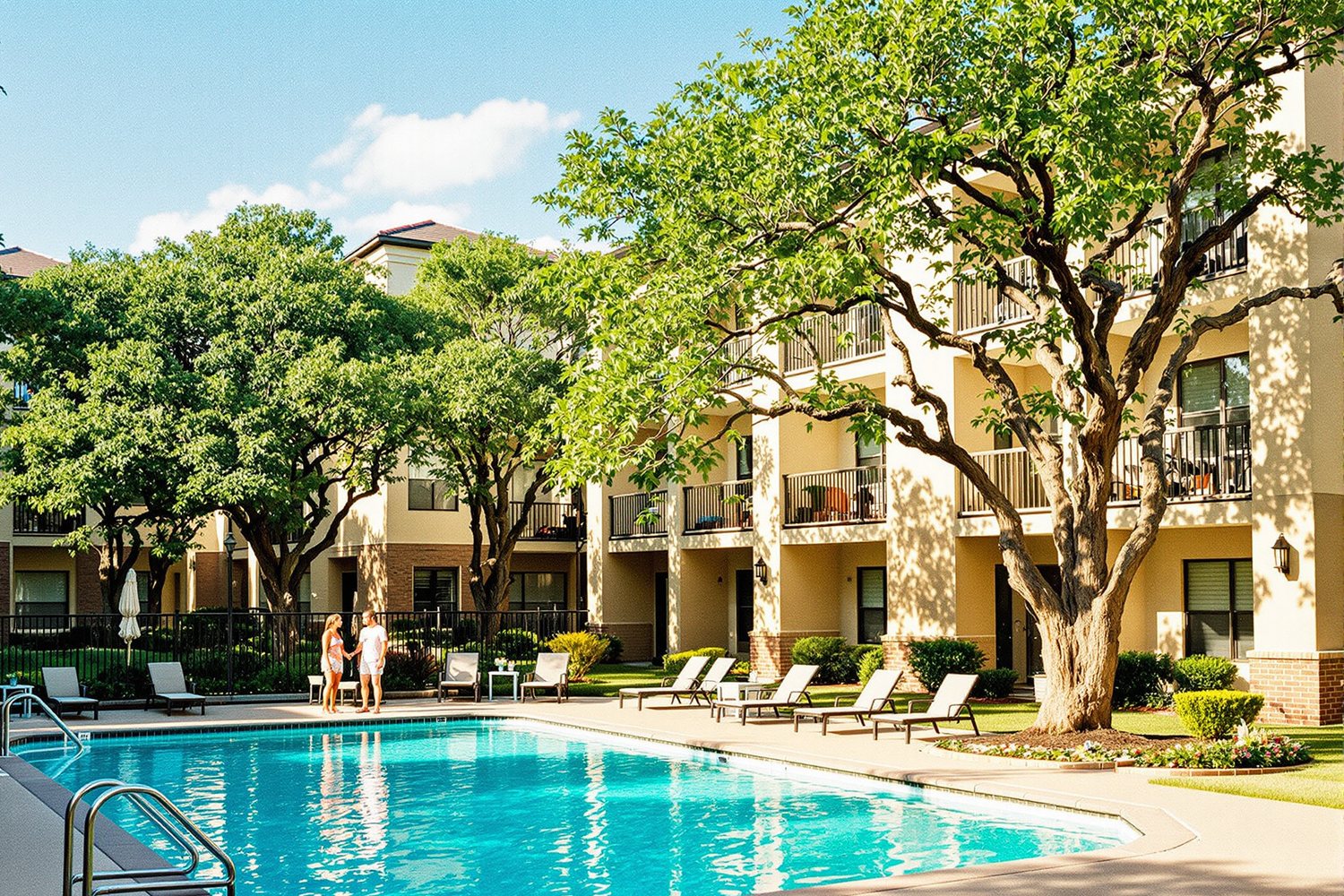 Eine Apartmentanlage in Texas mit Balkonen, alten Eichen und Pool im Innenhof, zwei Bewohner unterhalten sich in der Sonne