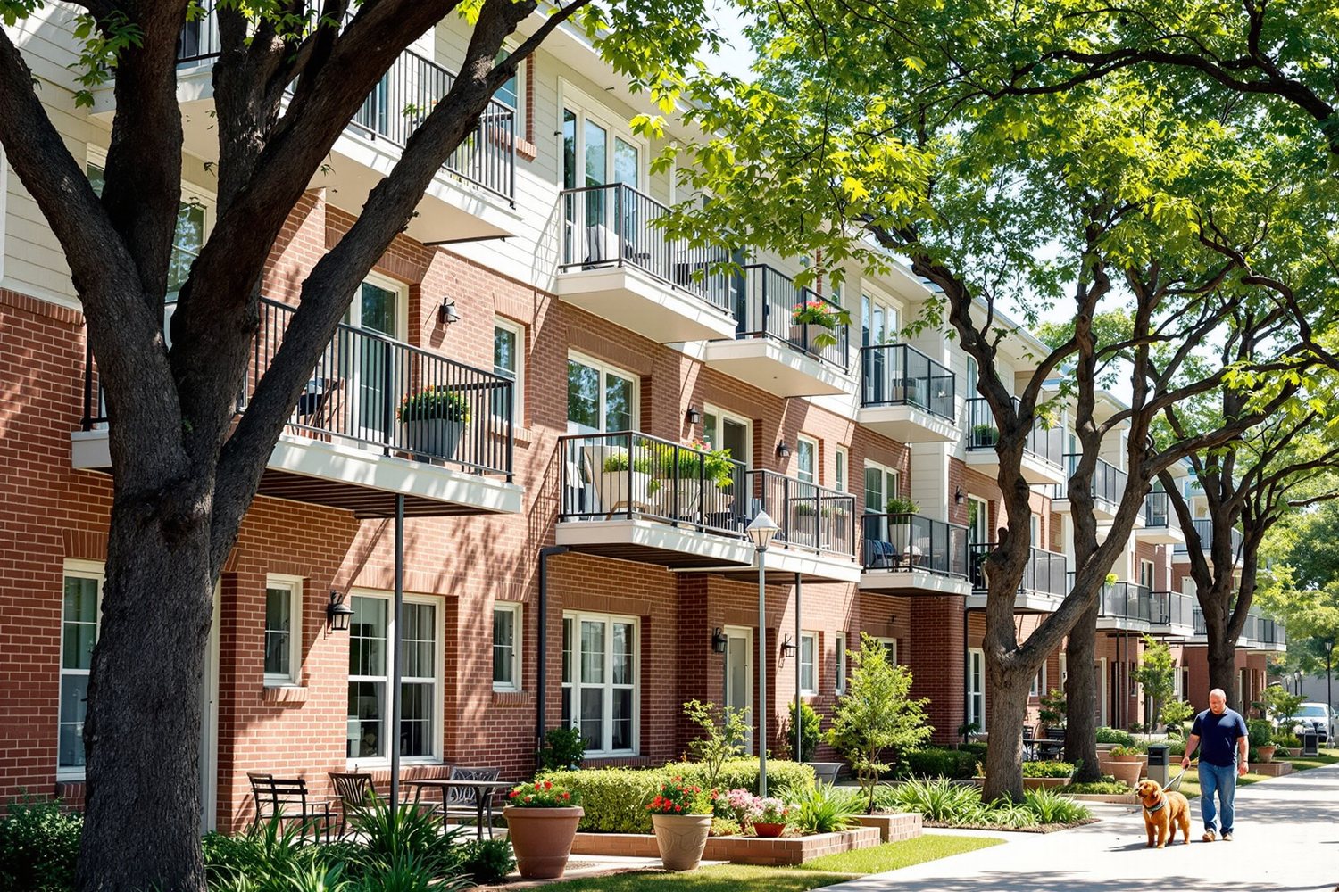 Neue dreistöckige Apartmenthäuser aus Backstein mit Balkonen an einer baumbestandenen Straße in Texas, ein Bewohner geht mit seinem Hund spazieren