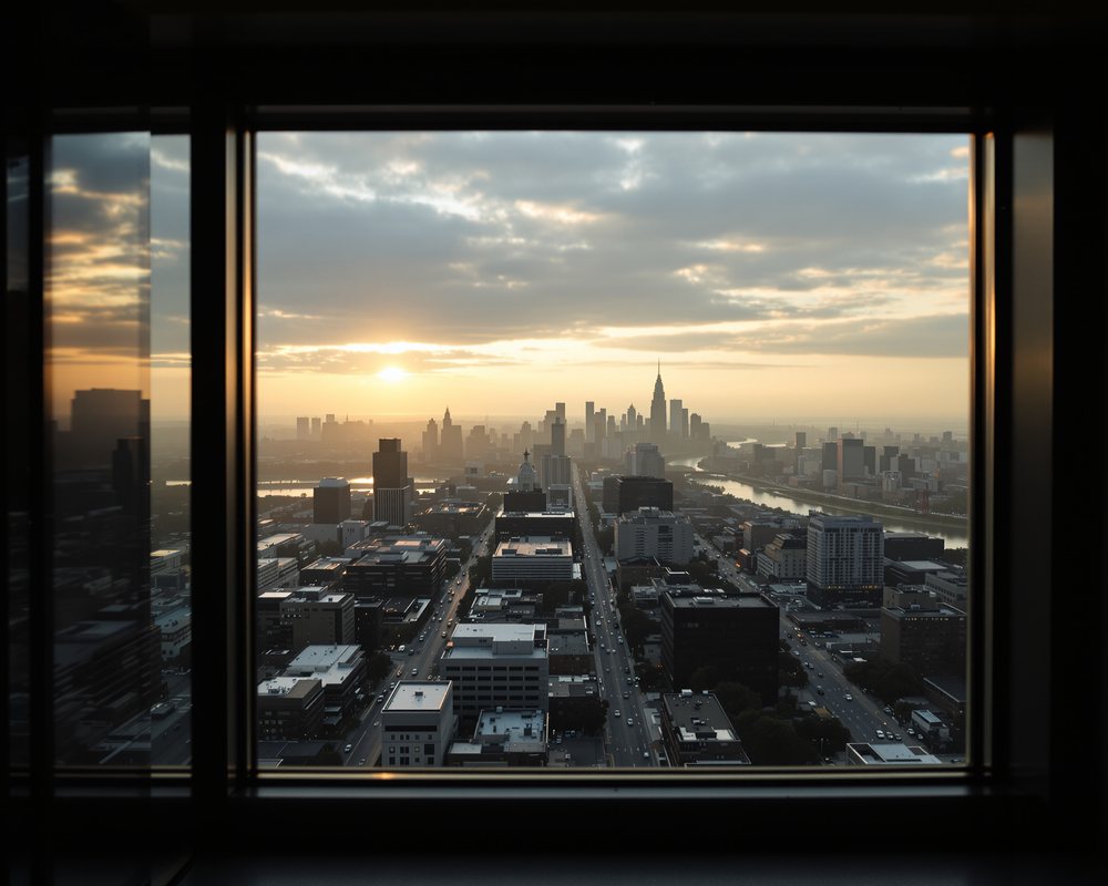Blick aus einem Hochhausfenster &uuml;ber eine amerikanische Stadt
