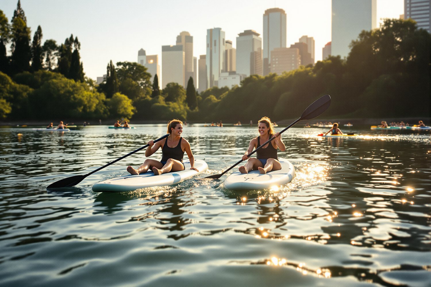Zwei lachende Frauen auf Paddleboards auf einem Fluss in der Abendsonne, dahinter eine Skyline über grünen Ufern