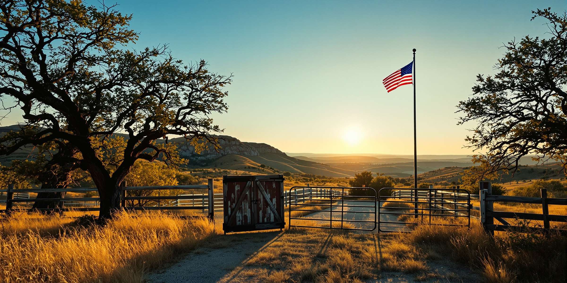 Eine alte Eiche und eine US-Flagge an einem Ranchtor im texanischen Hill Country bei tief stehender Sonne.