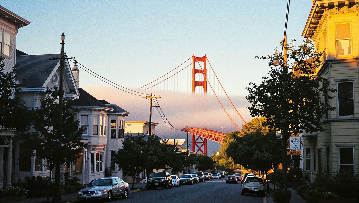 Eine Straße in San Francisco mit viktorianischen Häusern, am Ende die Golden Gate Bridge im Abendlicht.