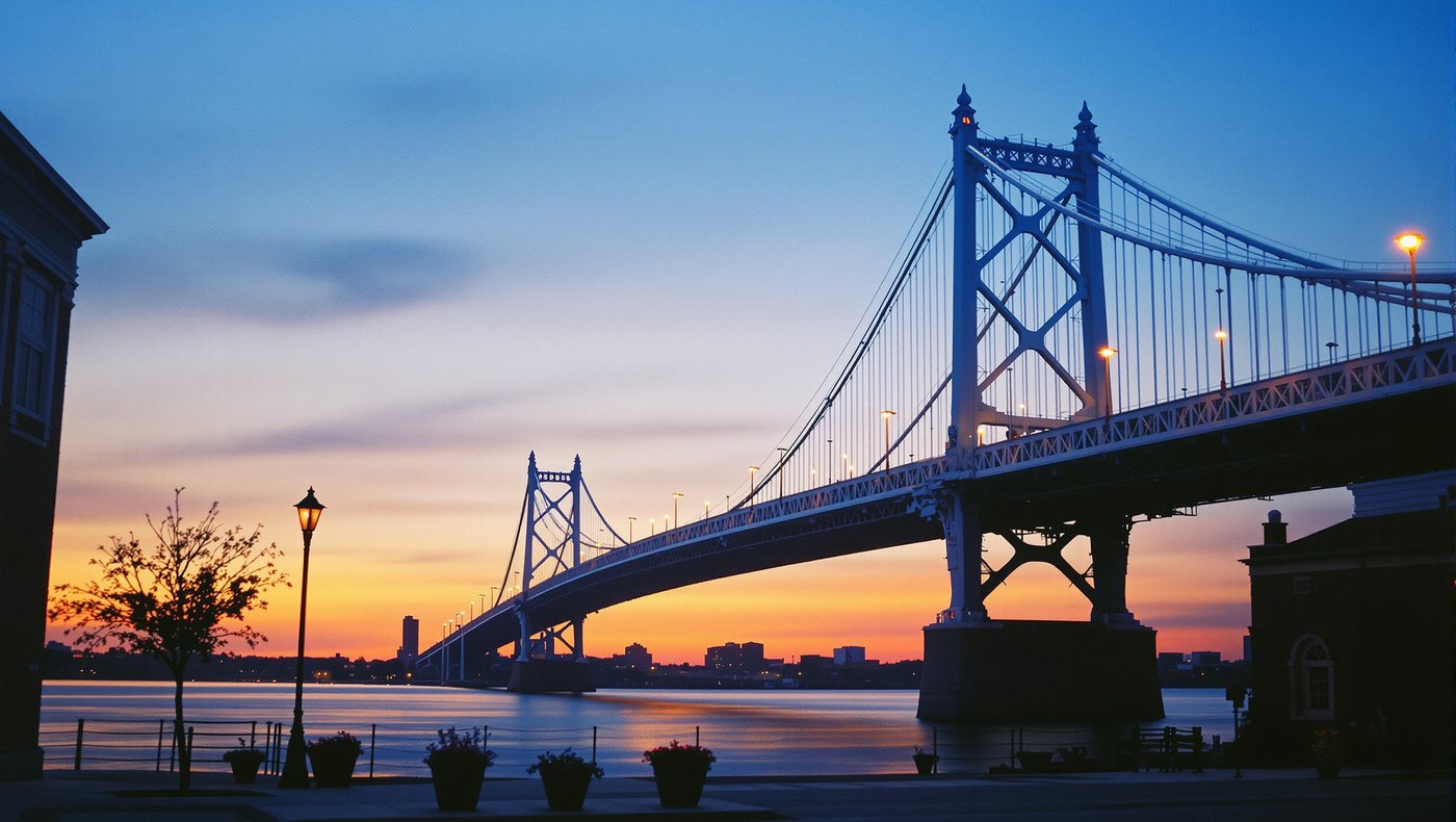 Eine Hängebrücke über den Delaware River bei Sonnenuntergang, am Ufer Laternen.