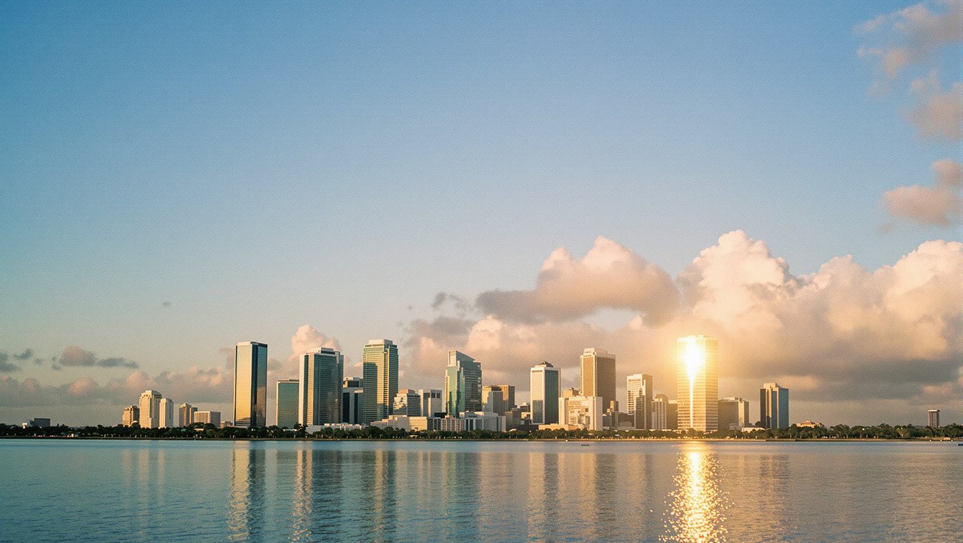 Die Skyline von Miami über dem Wasser, die Sonne spiegelt sich zwischen den Hochhäusern.