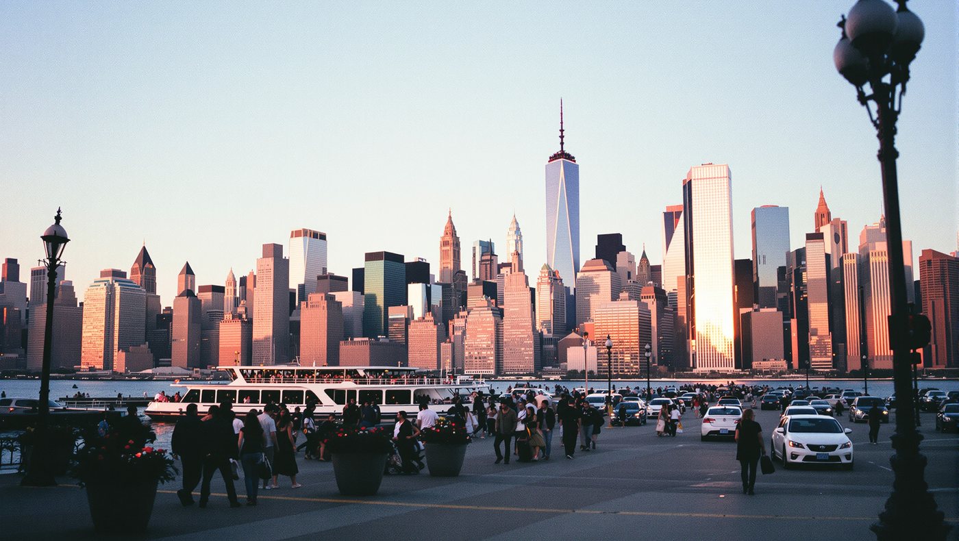 Die Skyline von Lower Manhattan mit dem One World Trade Center, davor eine belebte Uferpromenade.