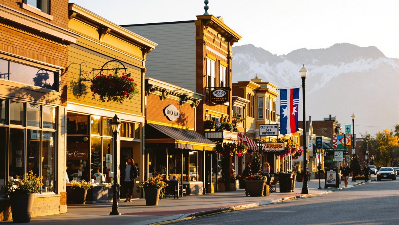 Die Hauptstraße einer Kleinstadt in Wyoming mit Läden und Blumenkörben, dahinter Berge.