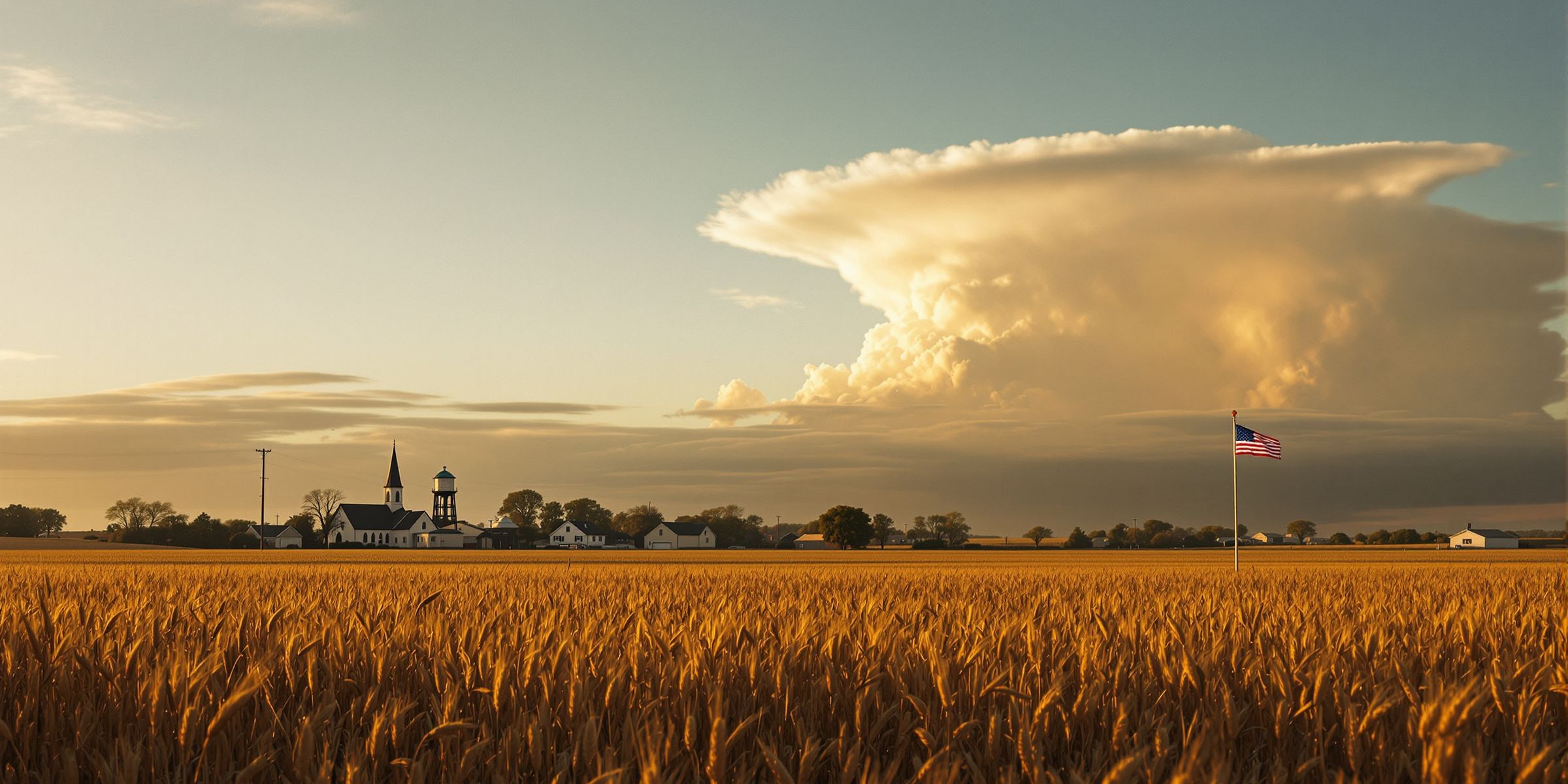 Amerikanisches Farmland im Abendlicht, Kleinstadt am Horizont