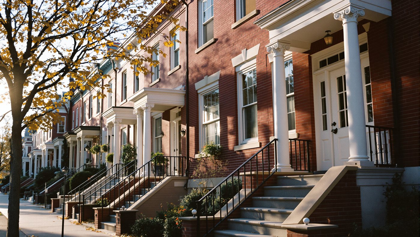 Backsteinhäuser mit weißen Säulen und Treppen an einer Straße in Delaware im Herbst.