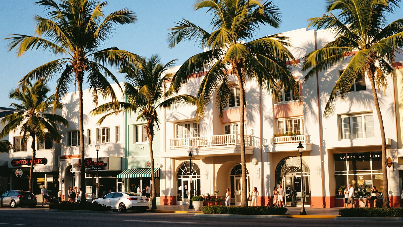 Palmen vor weißen Häusern mit Läden und Balkonen an einer Straße in Florida.