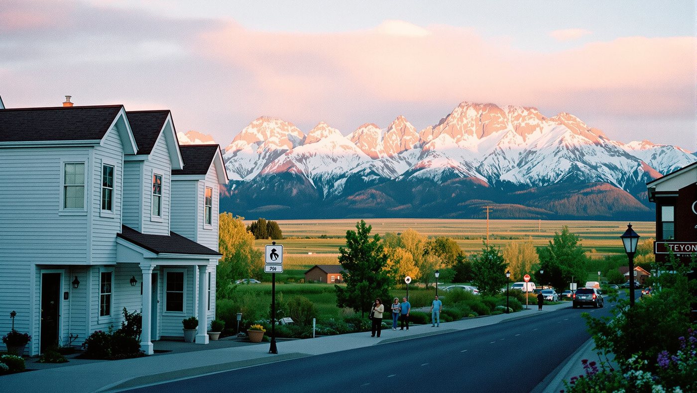 Häuser an einer Straße in einer Kleinstadt in Wyoming, dahinter schneebedeckte Berge im Morgenlicht.