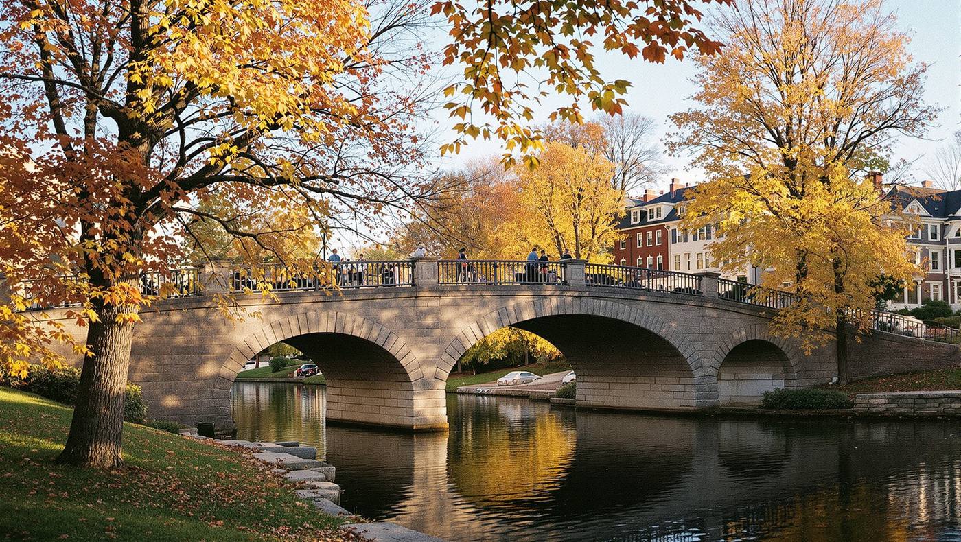 Eine steinerne Bogenbrücke über einen Fluss in einem Park, Bäume in Herbstfarben.