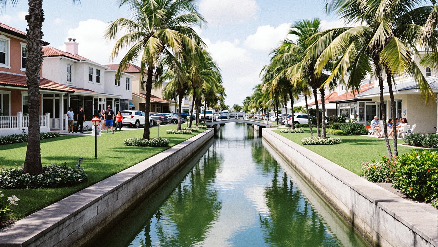 Ein Kanal zwischen gepflegten Rasenflächen, Palmen und hellen Häusern in Florida.