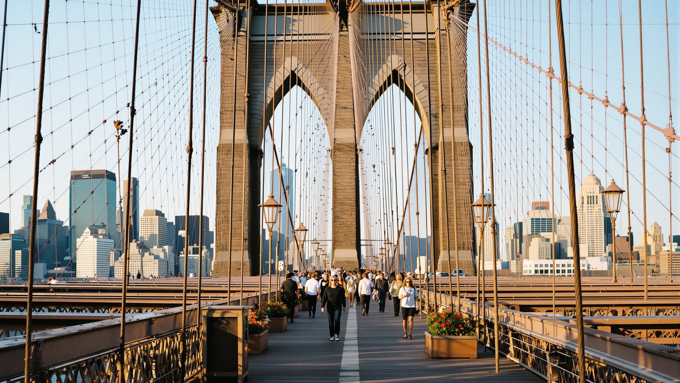 Fußgänger auf der Brooklyn Bridge, hinter den Bögen die Skyline von Manhattan.