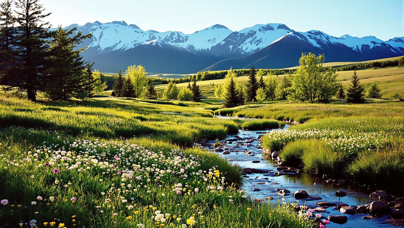 Ein Bach durch eine blühende Wiese, dahinter die Berge von Wyoming.