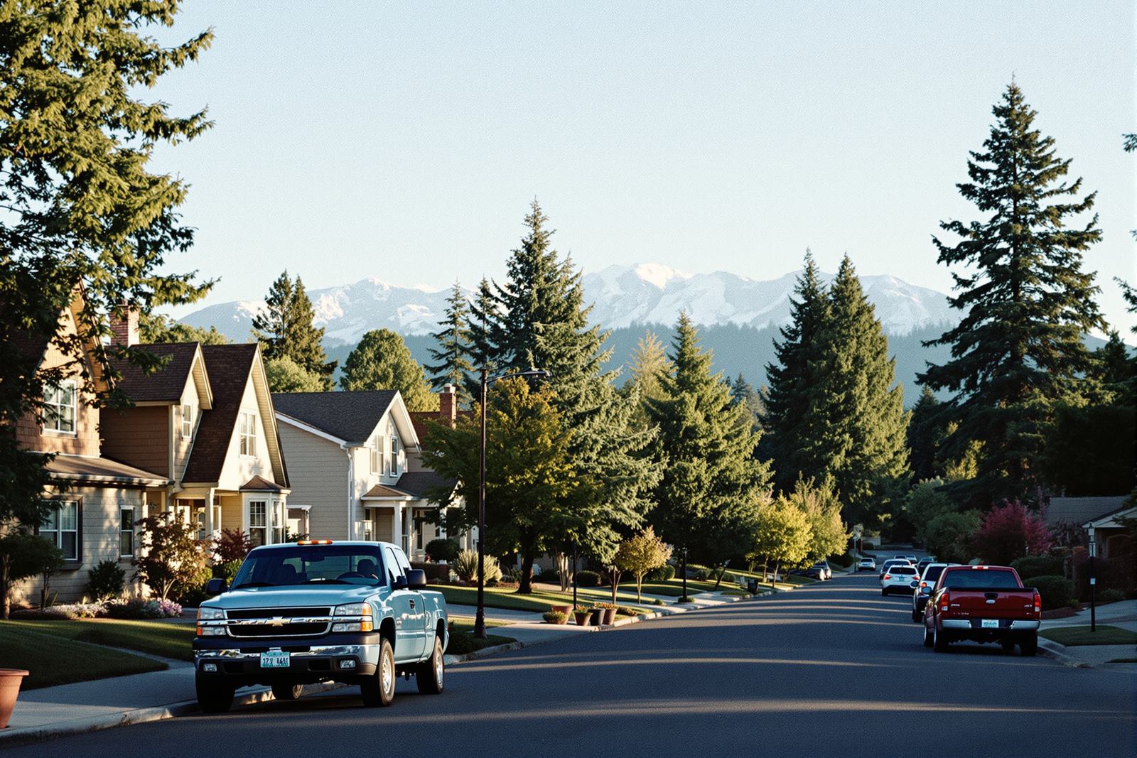 Illustration, kein Foto von Bend: typische Wohnstraße in dem Hochland von Zentraloregon